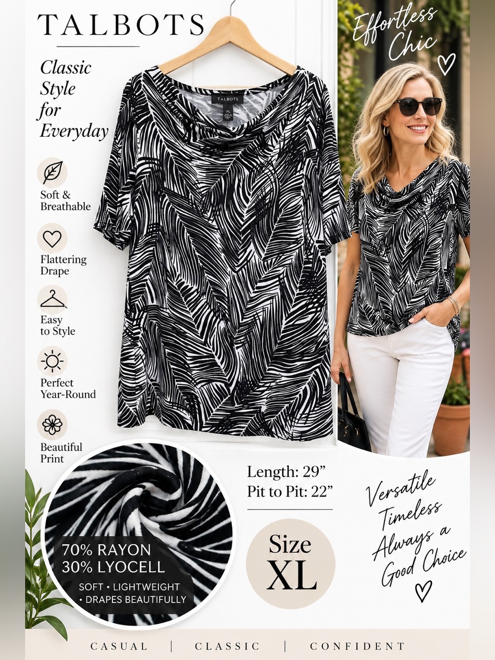 Talbots Black and White Leaf-Print Drape Neck Short Sleeve Top